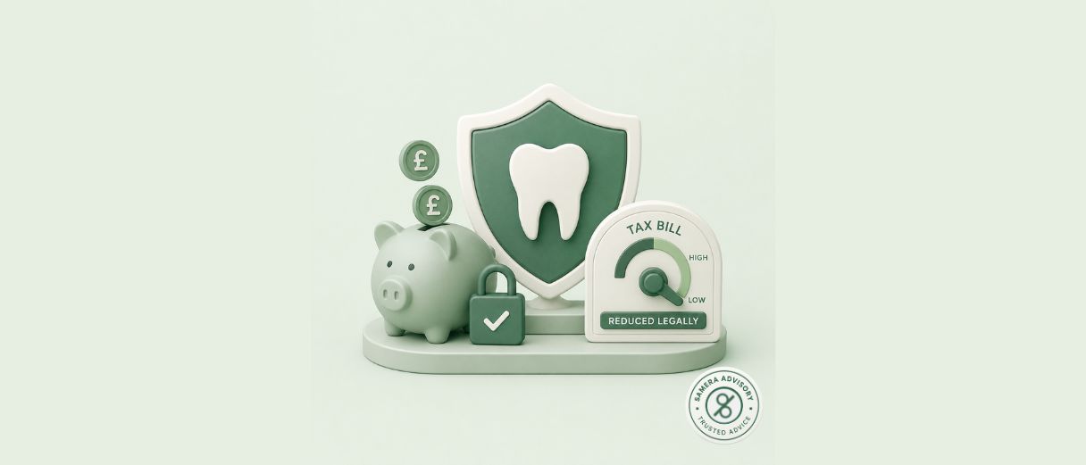 Illustration of a piggy bank with pound coins, a shield with a tooth icon, a padlock with a checkmark, and a tax bill gauge pointing to low marked 'Reduced Legally,' representing legitimate tax reduction strategies for dentists.