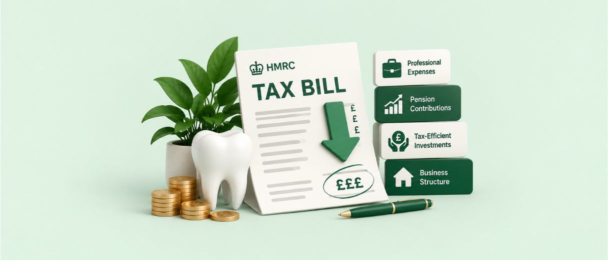 dental tax bill with a downward arrow, alongside tax-saving strategies including pension contributions, business expenses and tax-efficient planning.