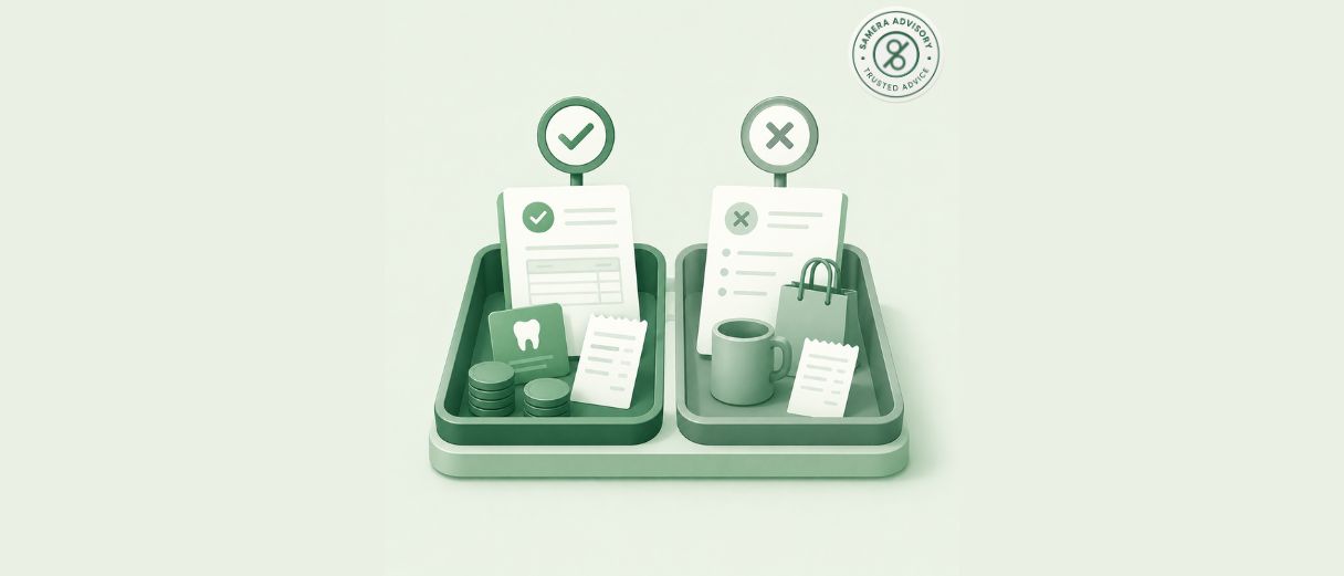 Illustration of two trays comparing dental business expenses: one marked with a checkmark showing an invoice, coins, and a tooth icon for allowable expenses, the other marked with a cross showing a coffee mug and shopping bag for non-allowable expenses.