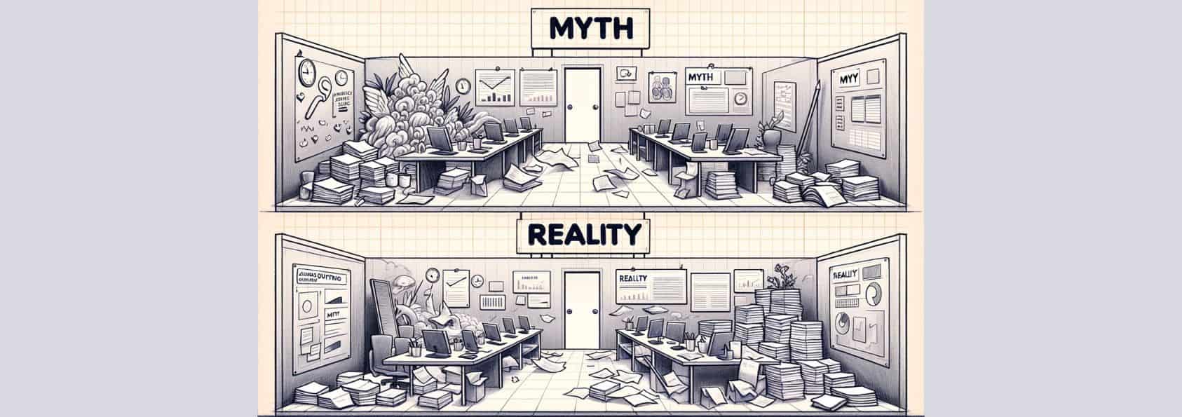 Two offices showing the myths and realities of outsourcing