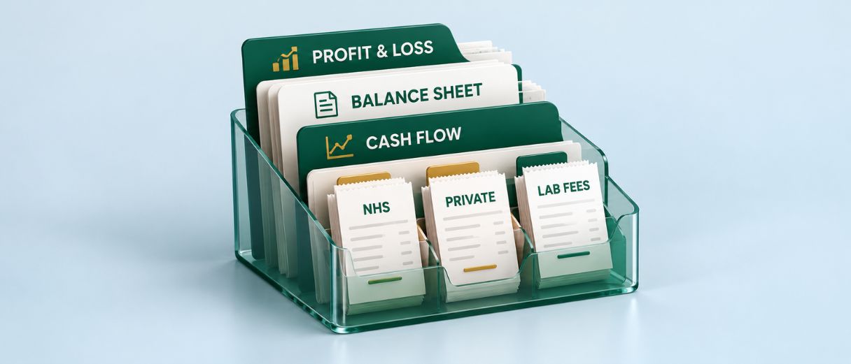 organised dental bookkeeping records, with folders for profit and loss, balance sheet and cash flow, alongside NHS, private income and lab fee receipts.