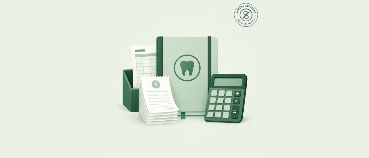 Illustration of a dental practice ledger book with a tooth icon, alongside invoices, receipts, and a calculator, representing bookkeeping for dental practices.