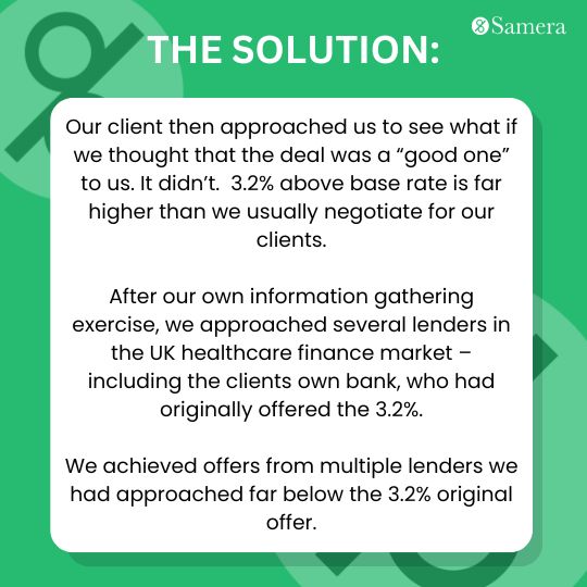Client secured a dental practice loan at 3.2% above base rate, but upon review, we found this to be high. By approaching multiple lenders, we secured a better deal for the client.