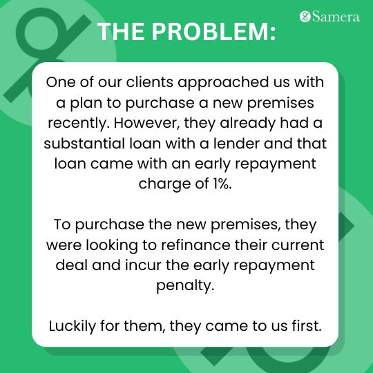One of our clients approached us with a plan to purchase a new premises recently. However, they already had a substantial loan with a lender and that loan came with an early repayment charge of 1%. 