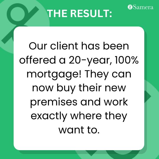 Our client has been offered a 20-year, 100% mortgage! They can now buy their new premises and work exactly where they want to. 