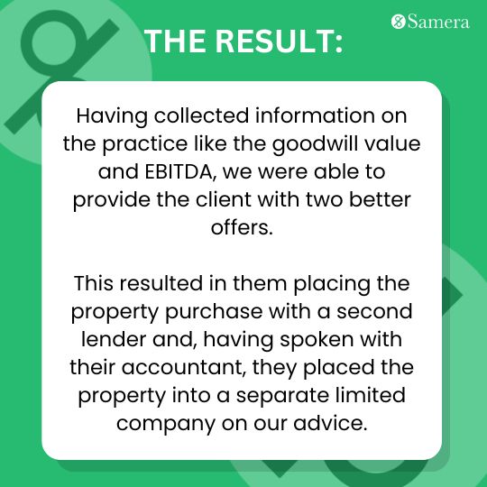 Having collected information on the practice like the goodwill value and EBITDA, we were able to provide the client with two better offers. 

This resulted in them placing the property purchase with a second lender and, having spoken with their accountant, they placed the property into a separate limited company on our advice.