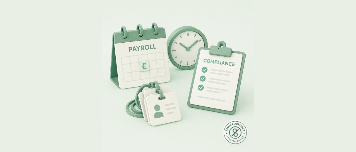 Illustration of a payroll calendar marked with a pound sign, a clock, a compliance checklist with ticked boxes, and employee ID cards, representing payroll and staff compliance for dental practices.