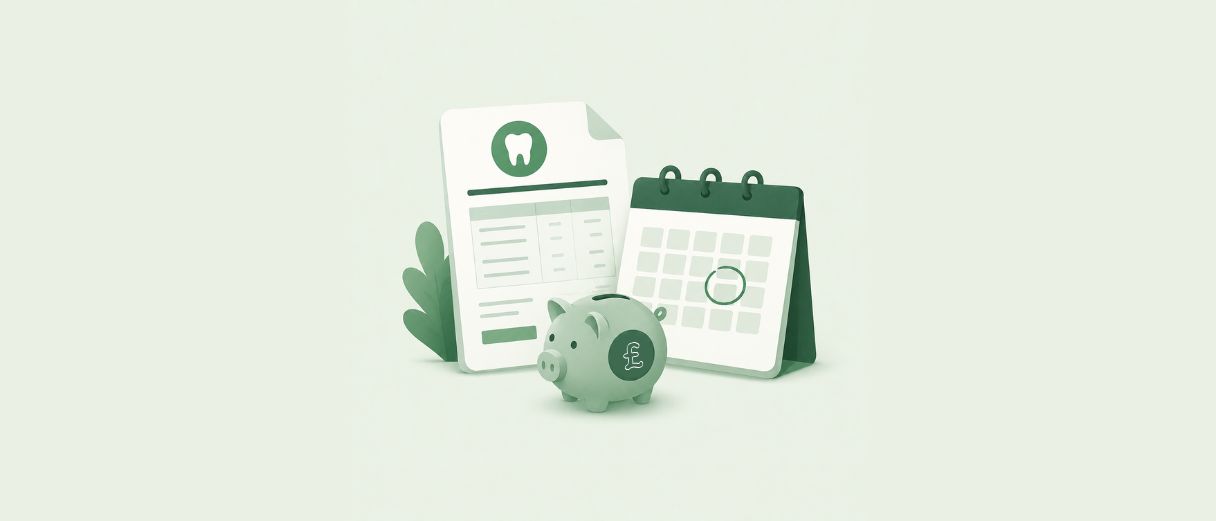 Illustration of a tax statement with a tooth icon, a calendar with a circled deadline date, and a piggy bank marked with a pound sign, representing tax deadlines and savings for dental associates.