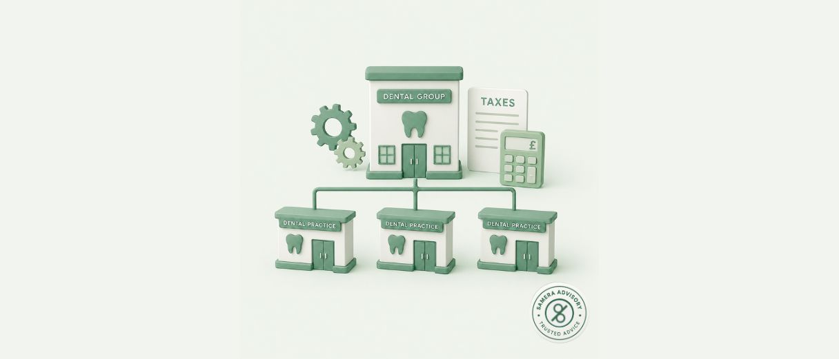Illustration of a dental group holding structure with a central 'Dental Group' building connected to three 'Dental Practice' sites, alongside a tax document and calculator, representing tax planning for multi-site dental groups.