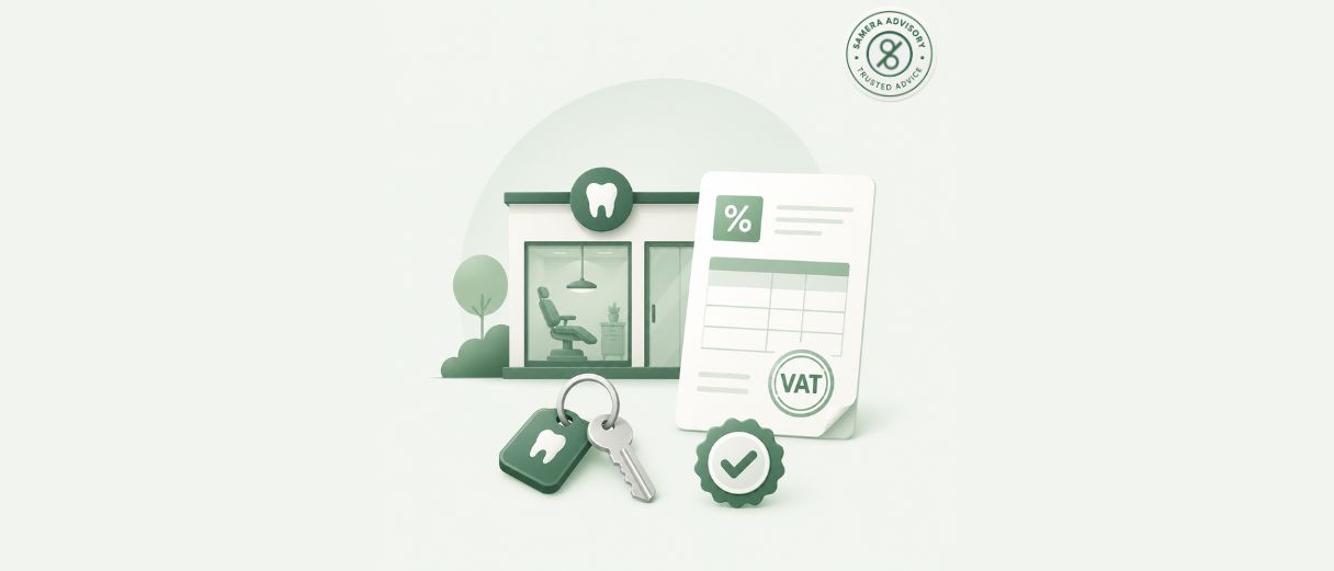 Illustration of a dental practice storefront with a percentage tax document marked VAT, a set of keys with a tooth-shaped keyring, and an approval checkmark badge, representing tax and compliance for dental practice owners.