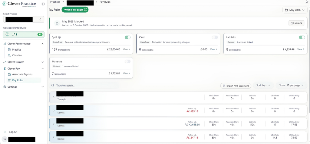 Pay Rules, showing the Split, Card and Materials cards with practitioner rows below.