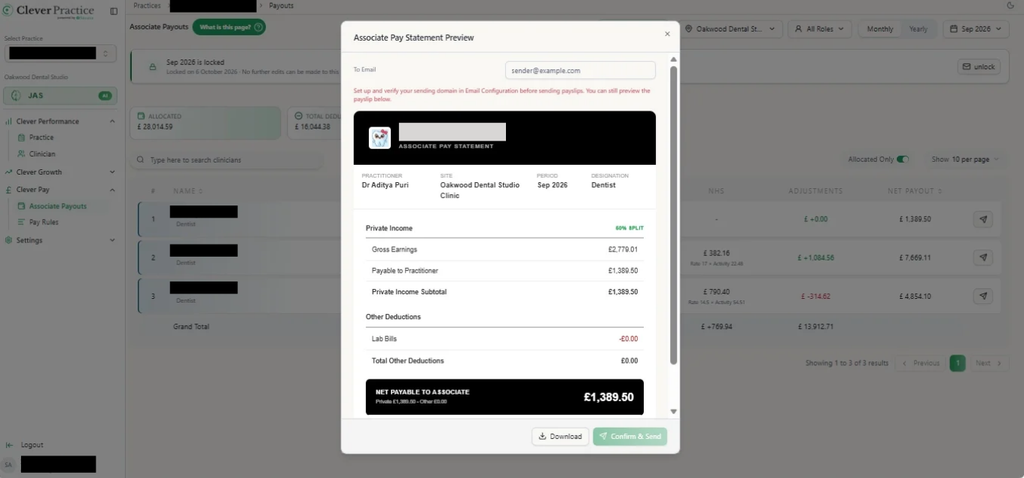 The Associate Pay Statement preview, with Card and Materials listed under Other Deductions.