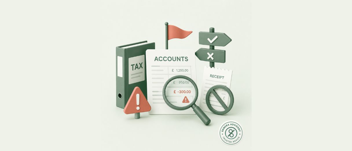 Illustration of a tax binder, an accounts sheet with a flagged negative figure under a magnifying glass, a warning triangle, a crossed-out receipt, and a signpost pointing to a tick and a cross, representing accounting and tax mistakes.