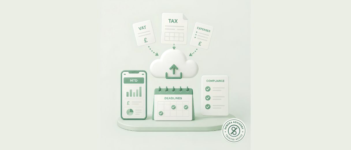 Illustration showing VAT, tax and expenses documents uploading to a cloud, next to a phone displaying an MTD dashboard with income figures and a chart, a desk calendar marked with deadline dates, and a compliance checklist with completed items.