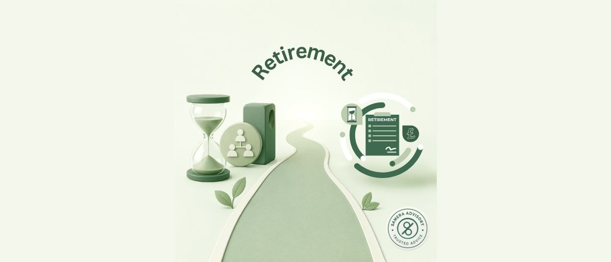 Illustration of an hourglass, a succession icon showing three connected figures, a document labelled Retirement with a pound sign, and a winding path branching in two directions, representing retirement, succession and inheritance planning for dental practices.