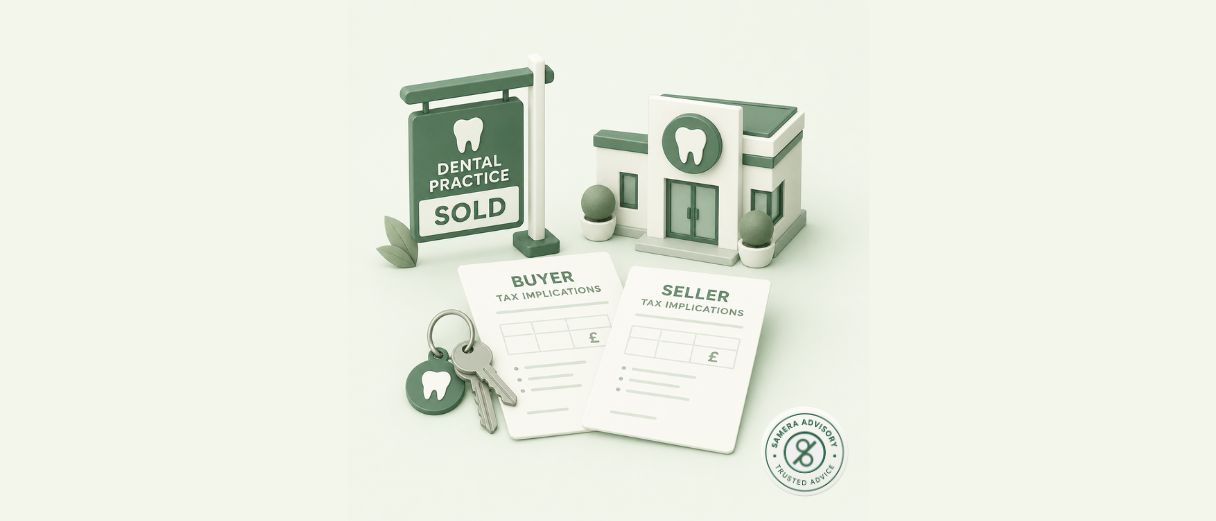 Illustration of a "Dental Practice Sold" sign outside a dental building, with a set of keys on a tooth-shaped keyring beside two documents labelled "Buyer Tax Implications" and "Seller Tax Implications," each showing a small figures table, representing the tax considerations on both sides of a dental practice sale.