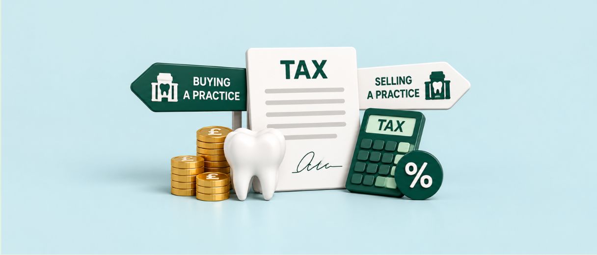 illustration of a tax document between buying and selling dental practice signs, with a tooth, calculator and stacks of pound coins.